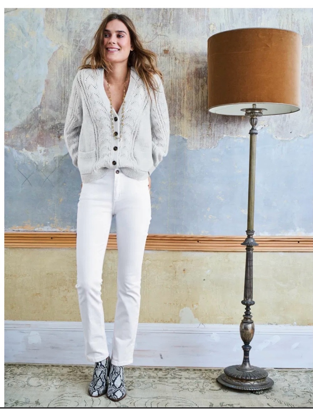 Boden Cream Cable-Knit Button Cardigan